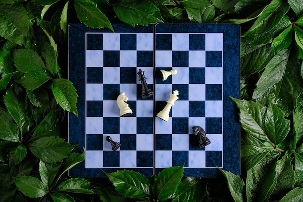 Chess board with scattered chess pieces against background lush green foliage