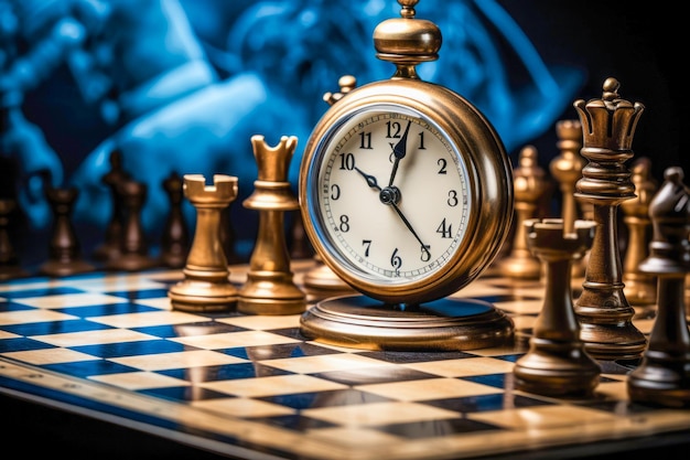 Chess game unfolds on a board black and white pieces vying for victory against the backdrop of a ticking clock