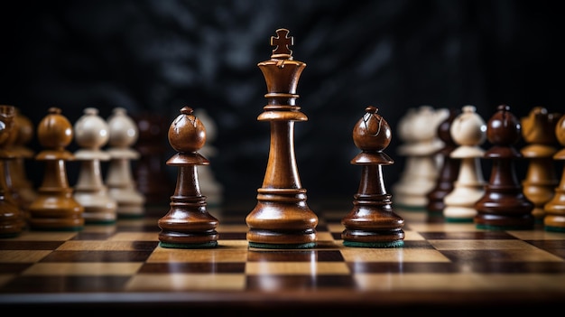 chess game with pieces and chess board on dark background closeup