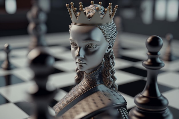 A chess game with a queen on the head.