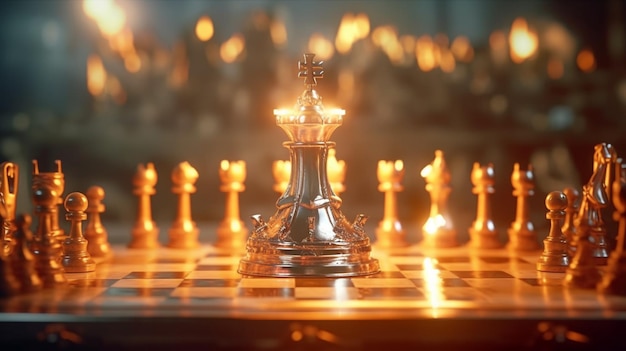 A chess game with a silver king on a chessboard.