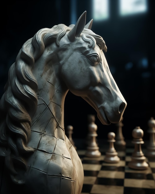 A chess horse with a horn on its head