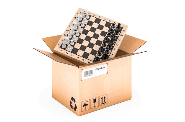 Chess inside parcel order and delivery concept 3D rendering