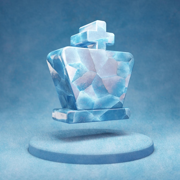 Chess King icon. Cracked blue Ice Chess King symbol on blue snow podium. Social Media Icon for website, presentation, design template element. 3D render.