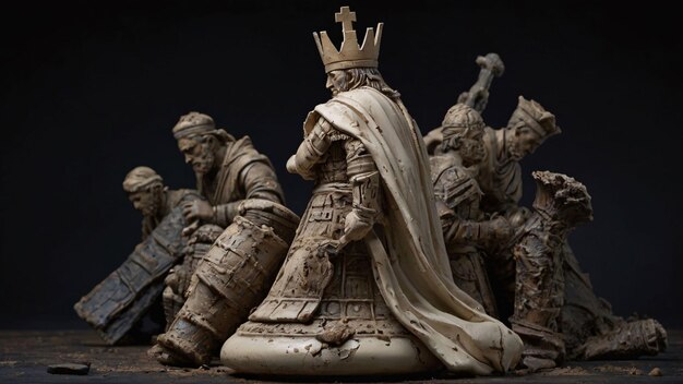 Chess king standing amidst fallen pieces