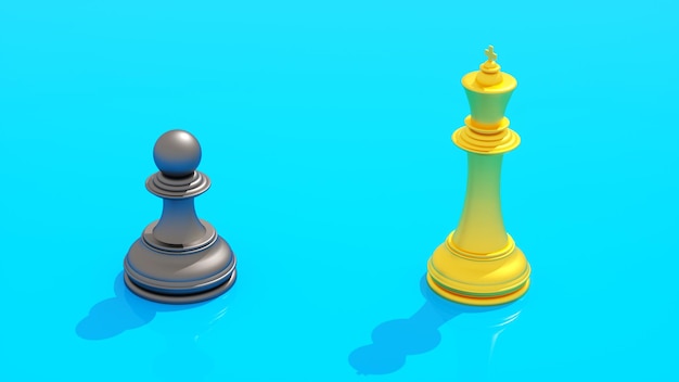 A chess piece and a king are standing next to each other on a blue background