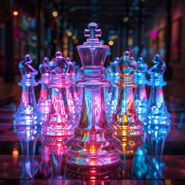 Photo chess pieces bishop glass making neon light realistic pictures