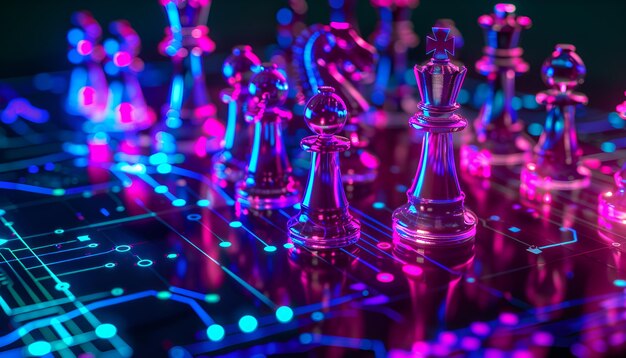 Photo chess pieces on board in neon lights circuit board pattern and binary code symbolizing artificial intelligence