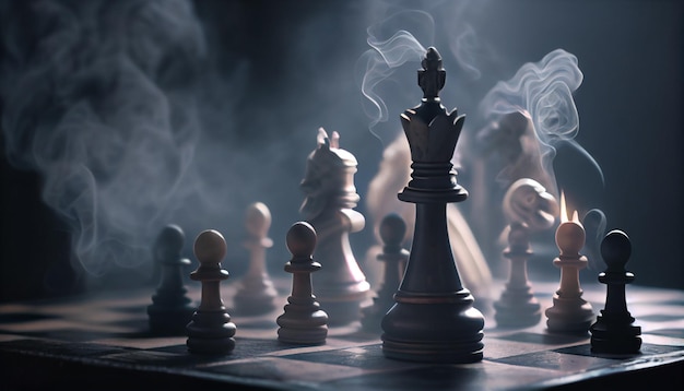 Chess pieces on a board with smoke Generative AI