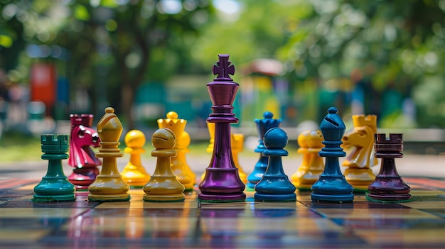 Chess pieces on a checkered surface The third image shows a variety of chess pieces in different hues on a checkered surface with a blurred background