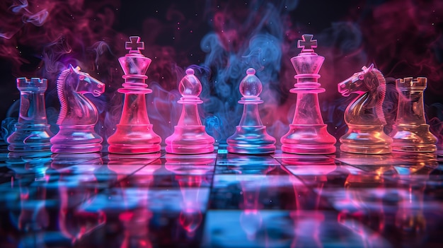 Chess pieces on a chessboard on a dark background with smoke bokeh shot in neon pinkblue colors