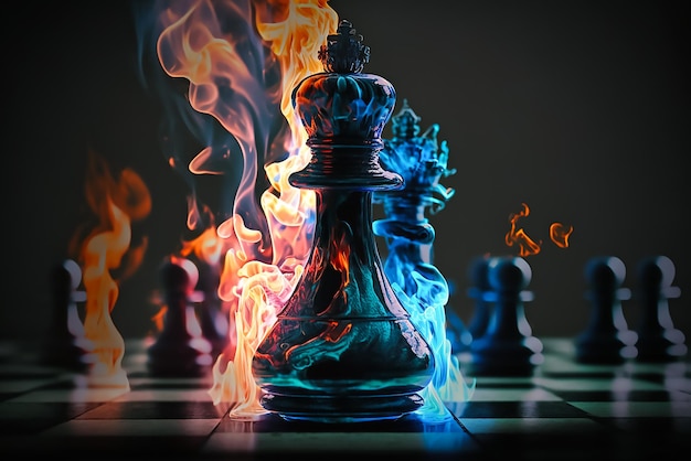 Chess pieces on a chessboard with fire in the background