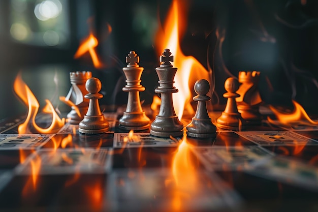 Chess pieces engulfed in flames on a board representing a fiery game of strategy and competition