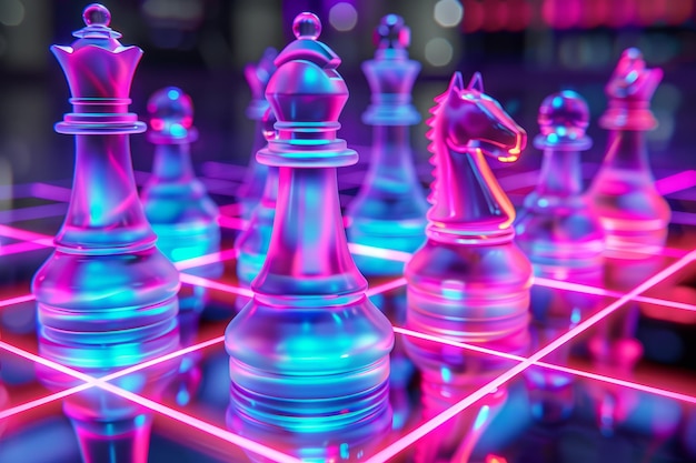 Photo chess pieces stand on a glossy chessboard with neon lighting