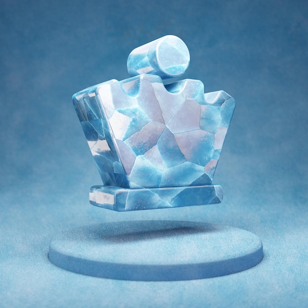 Chess Queen icon. Cracked blue Ice Chess Queen symbol on blue snow podium. Social Media Icon for website, presentation, design template element. 3D render.