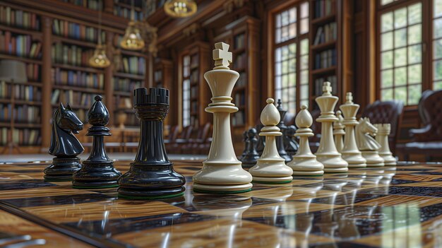 Chess set poised for strategic gameplay in stately woodpaneled library