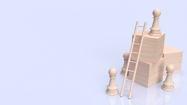 The chess and stair on wood cube for business concept 3d rendering