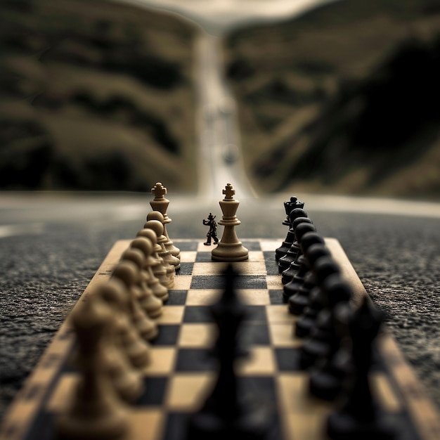 Photo chessboard on a winding road with a tiny figure