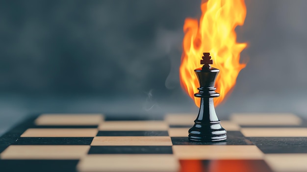 Chessboard with a king piece surrounded by flames symbolizing fiery victory and strategic domination