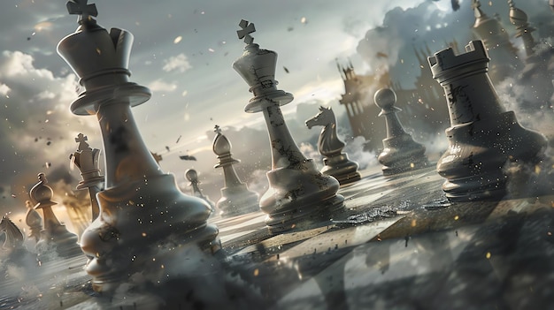 A chessboard with white and black chess pieces The background is a dark stormy sky with a castle in the distance