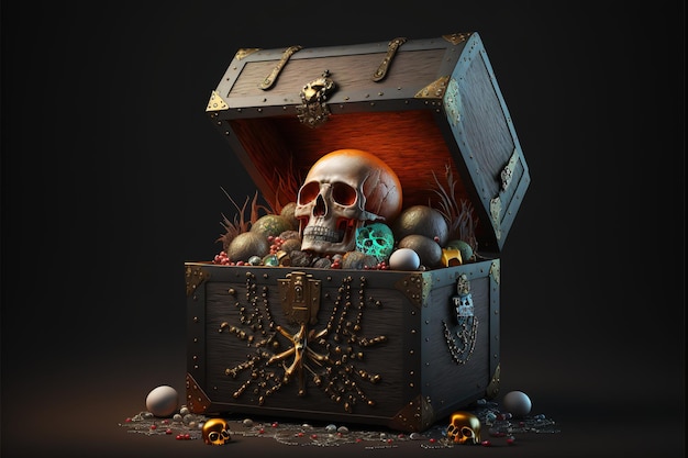 Chest with treasure and skulls on dark background