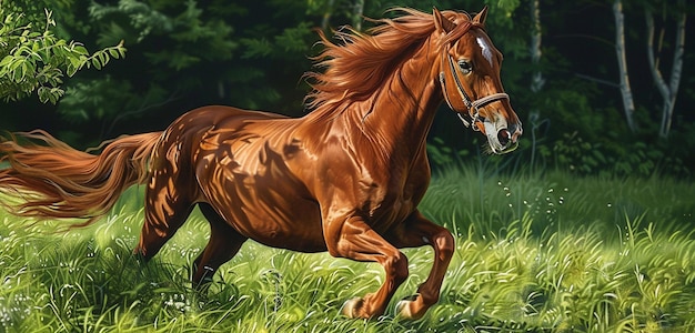 Photo chestnut horse racing across grass mane flowing detailed photorealism