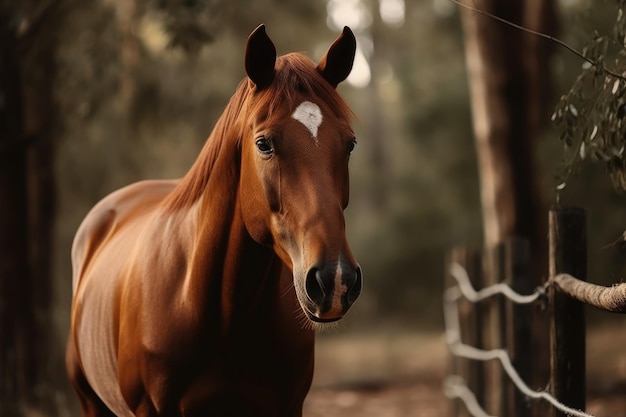 A Chestnut Horse Standing In Front Of A Wooden Fence With Trees In The Background Generative AI