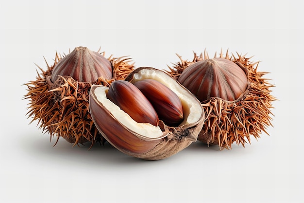 A chestnut with its shell open and two chestnuts on a white background isolated on the white backgr