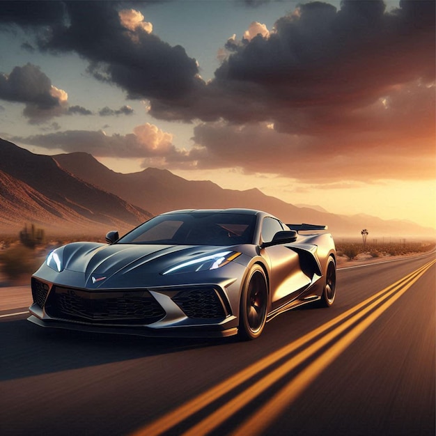 Chevrolet Corvette C8 speeding on a lonely desert