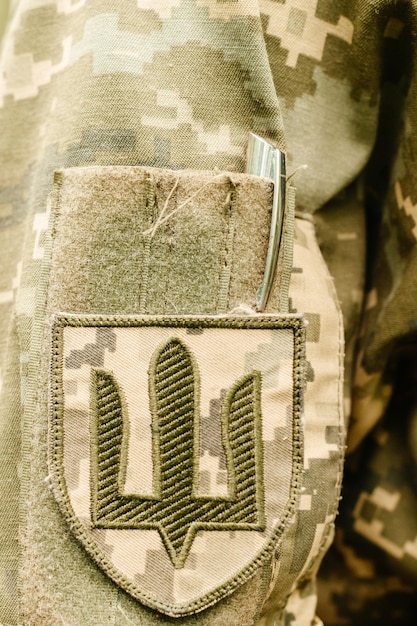 Chevrons on the Ukrainian military pixel uniform Sleeve badge of the land forces of Ukraine