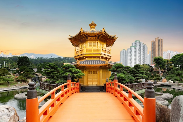 Chi Lin Nunnery of Nan Lian Garden situated at Diamond hill, Hong Kong, China during sunset