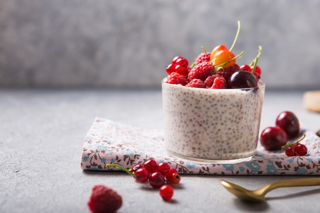 Chia pudding with cherry, raspberry, currant in glass bowl