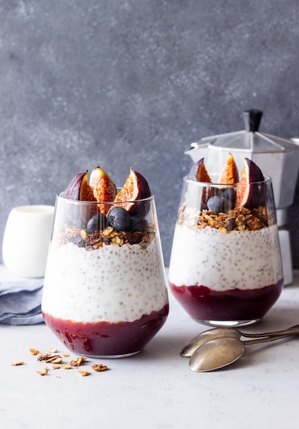 Chia pudding with figs blueberries and granola Healthy eating Vegetarian food Breakfast