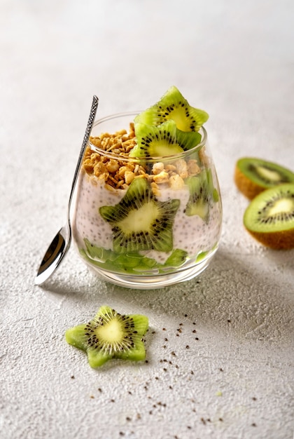 Chia pudding with kiwi on grey background. Healthy nutrition, superfood. Closeup view.