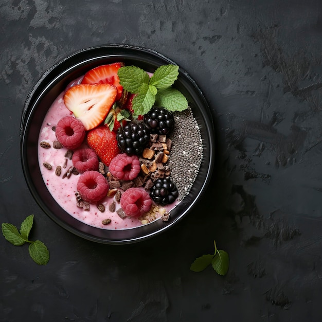 Chia Seed and Berry Smoothie Bowl Black Surface Table minimalistic decor ar 11 v 6 Job ID 801042ad276b436c89f243565a0a6ef4