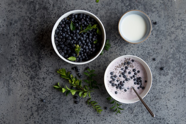 Chia seed pudding with blueberries in jar for breakfast with fresh blueberry