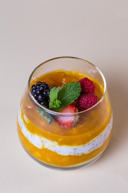 Chia seed pudding with fresh berries and mint