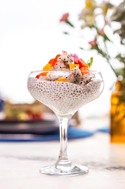 Chia Seed Pudding with Fresh Fruit on White Table