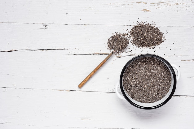 Chia seed on wooden board