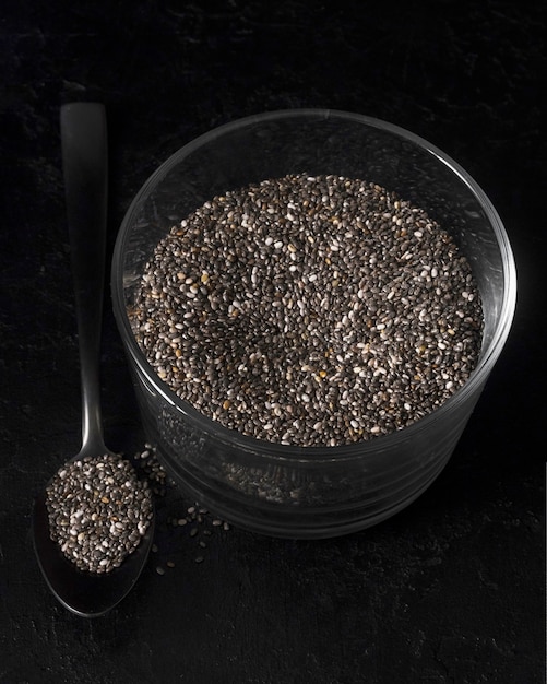 Chia seeds in bowl close up