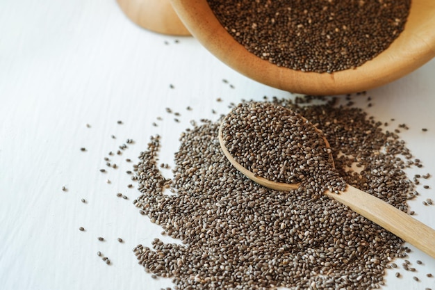 The chia seeds in a bowl and a wooden spoon are poured over a white background