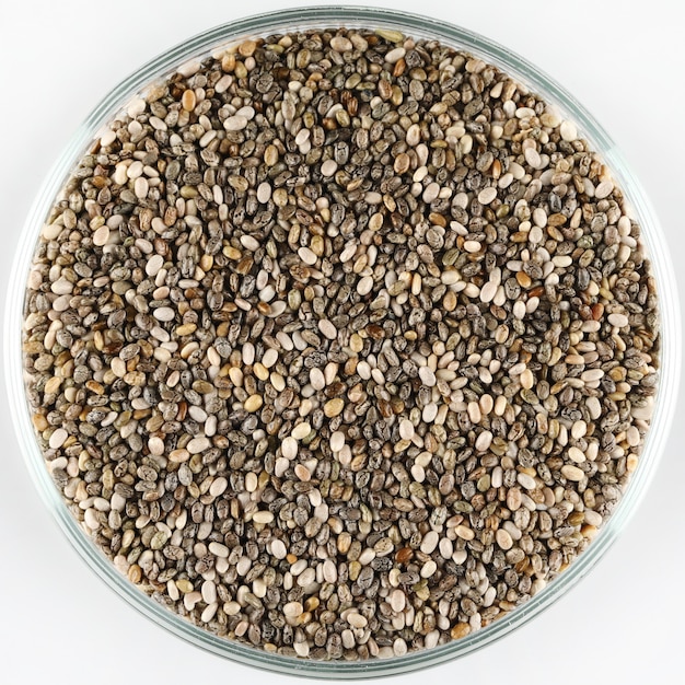 Chia seeds in a glass bowl