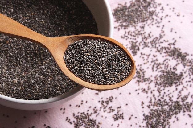 Chia seeds on the table closeup food supplement superfood