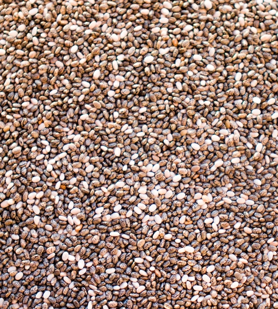 Chia seeds with a top view with space. Seed