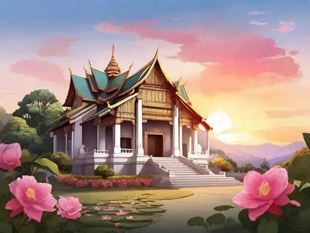 Chiang mai illustration of Illustration of chiang mai temple with flower sat sunset colorful real im