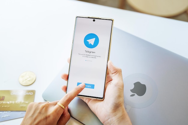 CHIANG MAI THAILAND May 13 2022 Telegram application icon on smartphone mobile screen closeup Telegram app icon Telegram is an online social media network Social media app