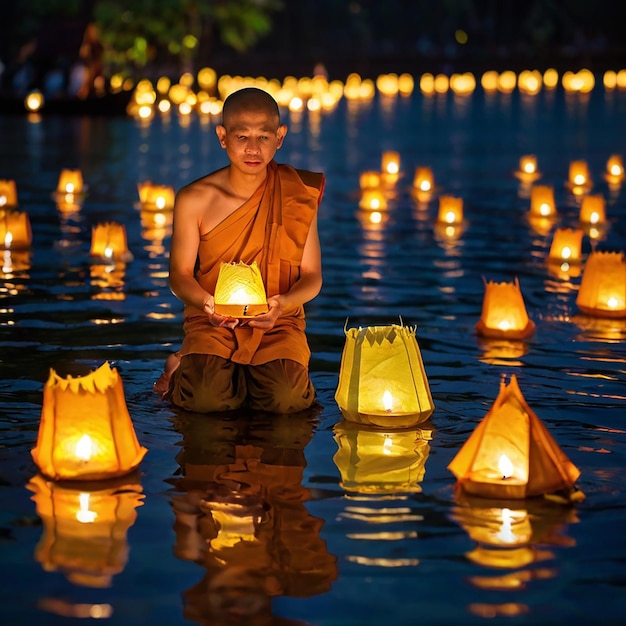 Photo chiang mai thailand november 14 buddhist monks praying for the loy krathong festival at wat phan tao on november 14 2016 in chiang mai thailand