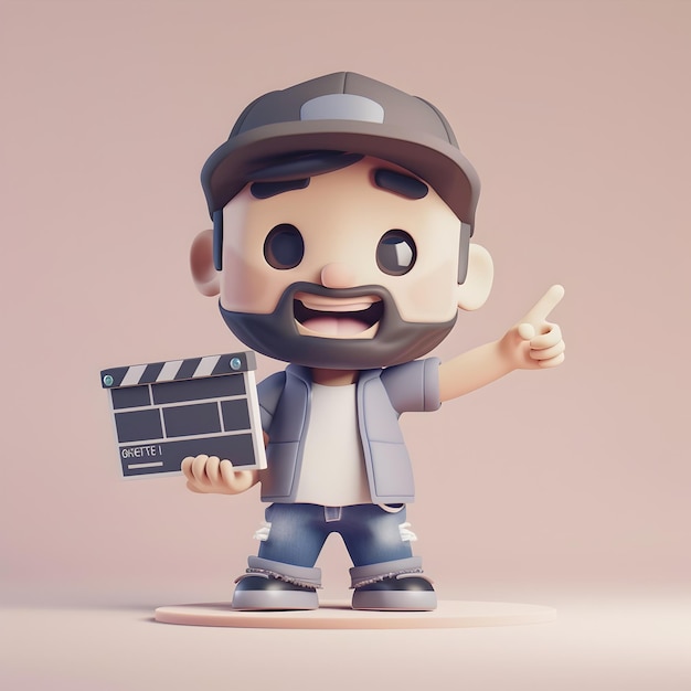 Photo chibi 3d character of a film director holding clapperboard and pointing forward