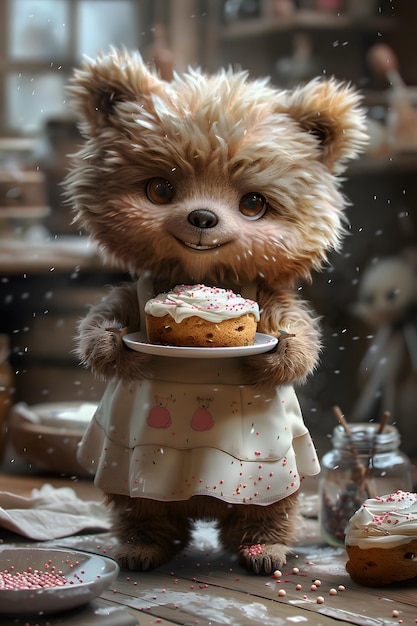 Chibi Character A brown bear baking a cake with frosting and sprinkles everywhere Perspective View