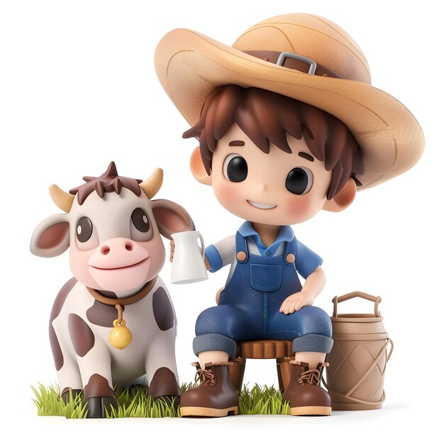 Photo chibi farmer milking cow with straw hat and overalls in rustic barn setting